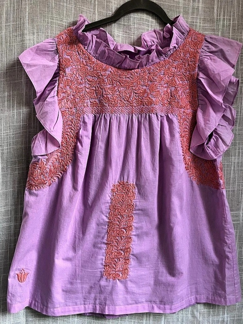 j.marie Lincoln Top Floral Embroidered Ruffle Blouse Purple & Pink Medium